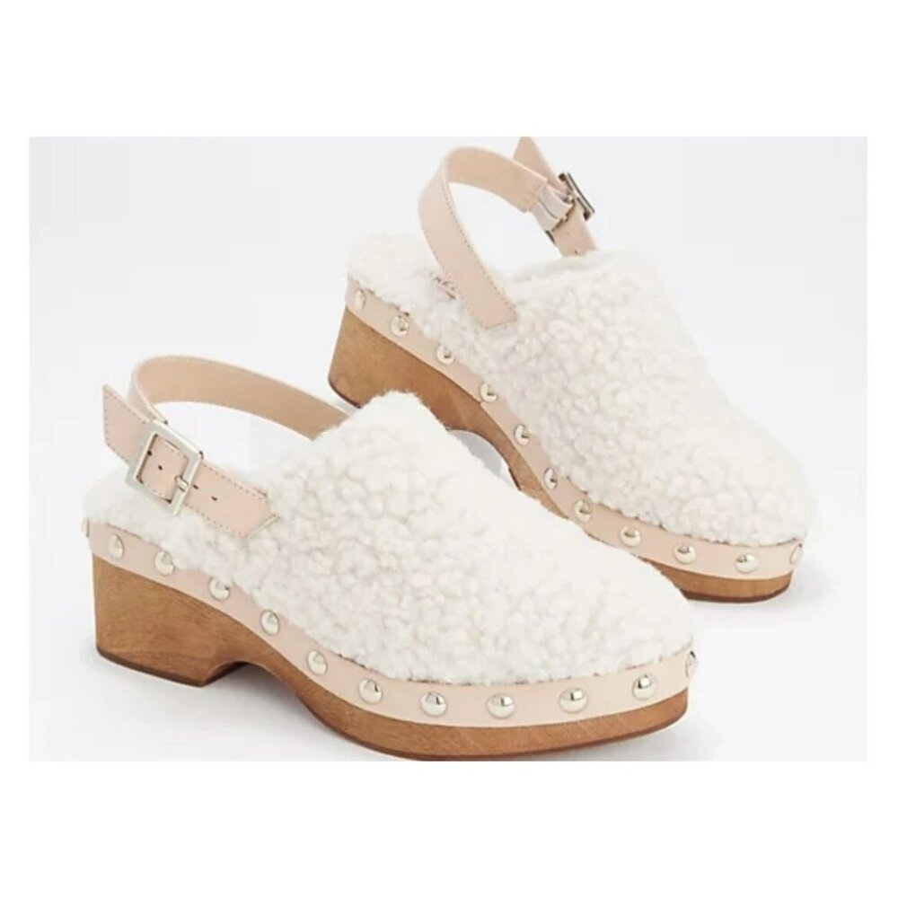 Kelsi Dagger Shearling Platform Clogs Sz 5.5 White & Tan Wood Sole Adjustable St